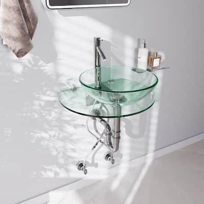 Clear Round Tempered Glass Wall Mount Console Sink with Chrome Faucet and Drain Pack of 2