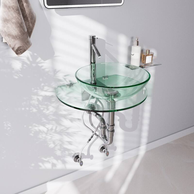 16.25" Corona Tempered Glass Wall Mount Bathroom Sink Round with Chrome Faucet and Drain