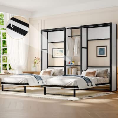 2-in-1 Design Twin & Twin Murphy Bed, Metal Folding Bed Frame Set with Clothes Hanging Rods, Shelves & Charging Station