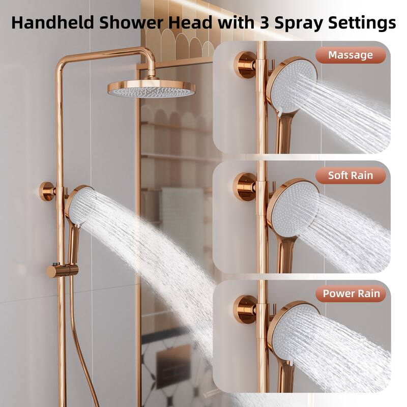 Modland Wall Mount 3-Function Shower System with 10" Rainfall, 1.59GPM, Matte Black/Rose Gold/Chrome