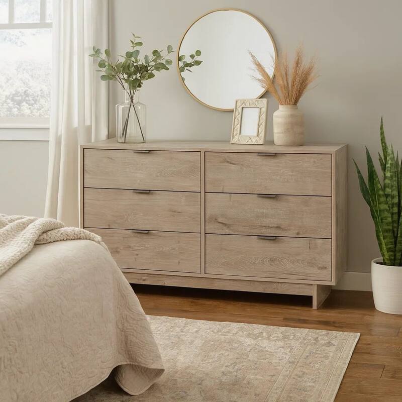 Fervor 59 Inch Dresser, 6 Drawers, Brown Wood Frame, Brushed Nickel Handles