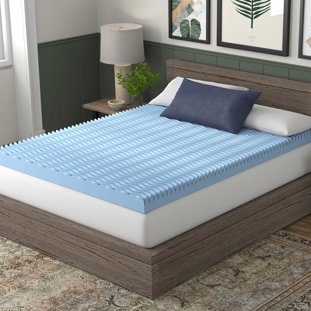 Vibe 4" Wave Convoluted Gel Memory Foam Mattress Topper, Dual-Sided