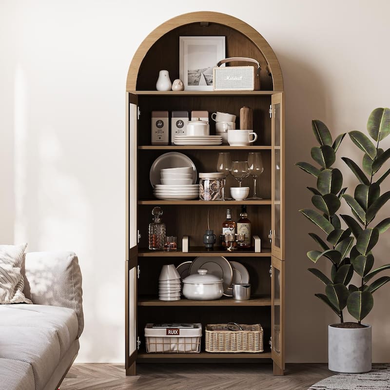 71" Tall Arched Cabinet with Glass Doors, Modern Farmhouse Arched Bookcase Storage with Shelves, Pantry Cabinet