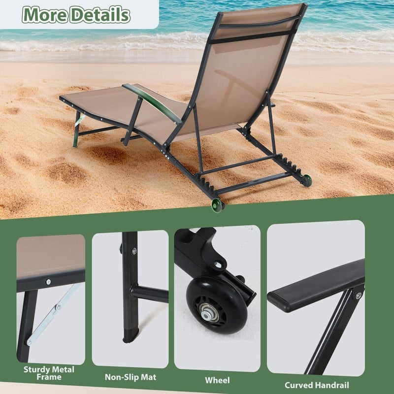 Patio Chaise Lounge Chair with Wheels, 5-Position Recliner with Armrests for Poolside, Beach, Backyard, or Patio