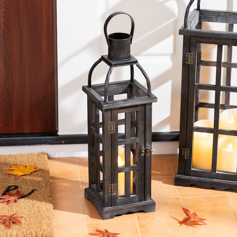 Glitzhome Farmhouse Wooden Metal Cage Candle Holders Patio Hanging Vintage Lanterns (Set of 2)