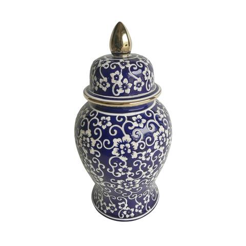 14" Temple Jar with Jasmine Flower, Blue & White 14"H - 8.0" x 8.0" x 14.0"