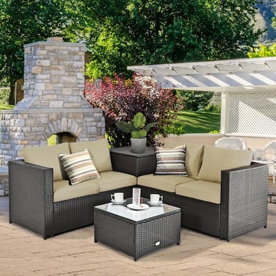 4 Pieces Outdoor Patio Rattan Furniture Set with Cushioned Loveseat and Storage Box - 47.5" x 26" x 26" (L x W x H)