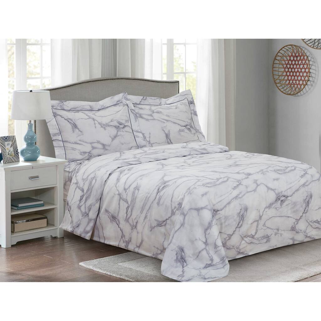 Violet Linen French Marble Pattern, Luxury 200 Thread Count Cotton Percale, White, 6 Piece, Bedding Duvet Cover Set