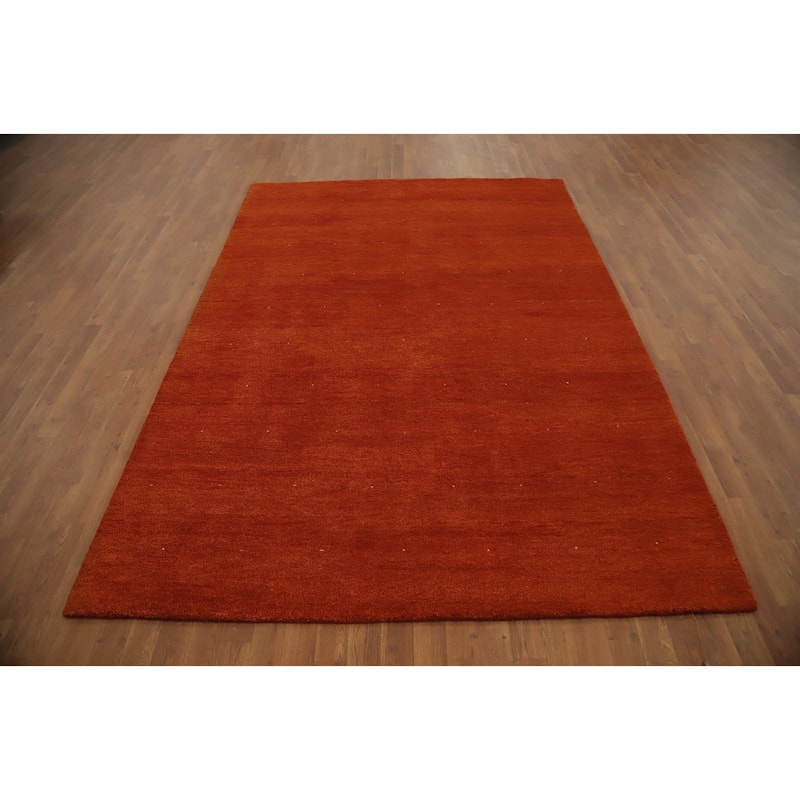 Hand Knotted Oriental 100% Wool Carpet Modern Solid Oranges & Rust Gabbeh Area Rug - 8' 9'' X 6' 2''