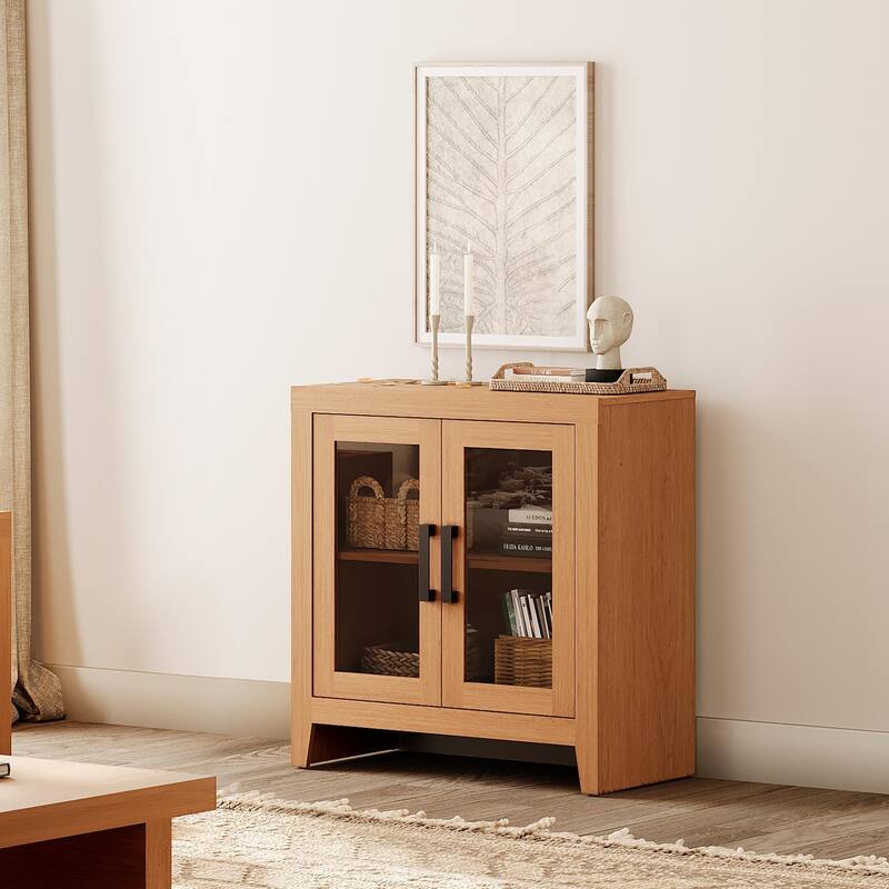 WAMPAT Modern Farmhouse Modular Buffet Cabinet, Glass Door Sideboard with Adjustable Shelves - 31 inches in width - Mocha