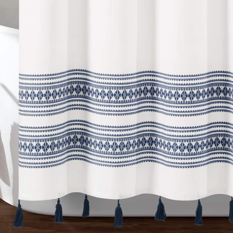 Lush Decor Breezy Chic Tassel Jacquard Eco-Friendly Recycled Cotton Shower Curtain Single