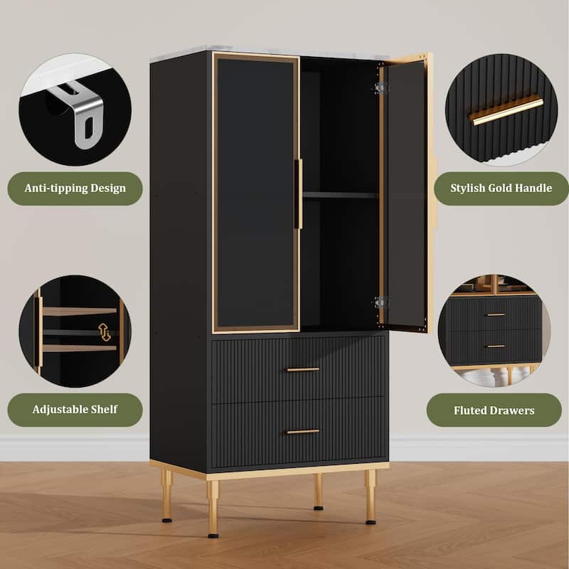 Pantry Cabinet, Freestanding Kitchen Storage Cabinet with Glass Door and 2 Drawers, Modern Kitchen Cupboard with 2