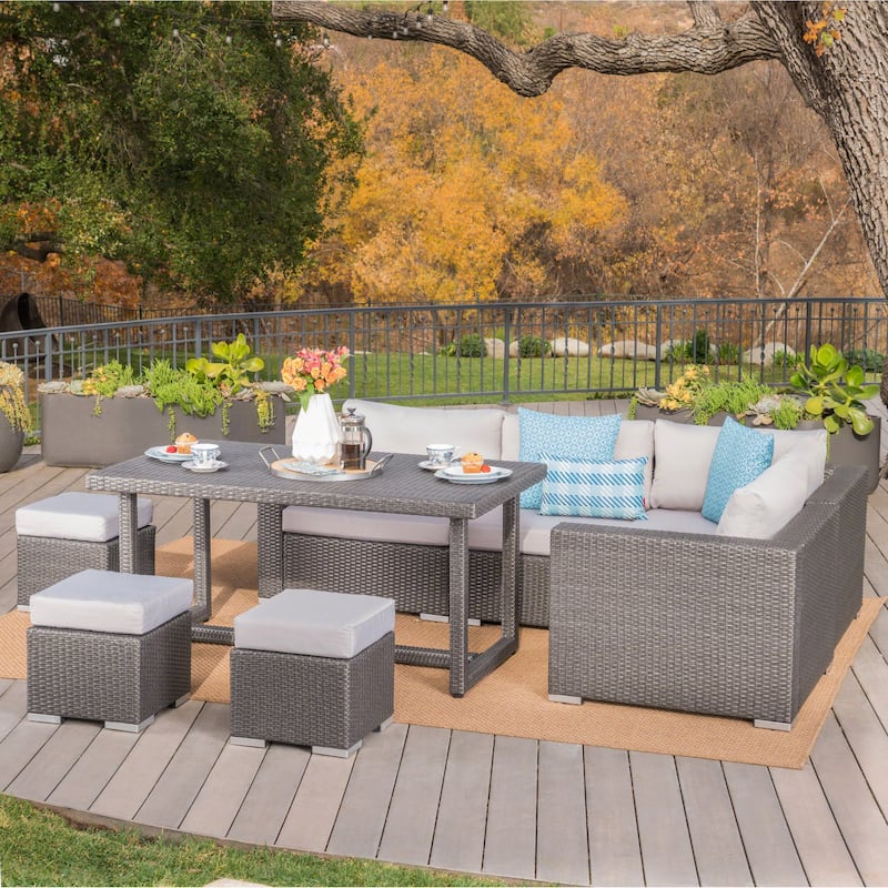 Santa Rosa Outdoor 8-Piece Rectangle Aluminum Wicker Dining Sofa Set with Cushions by Christopher Knight Home - Grey/Silver