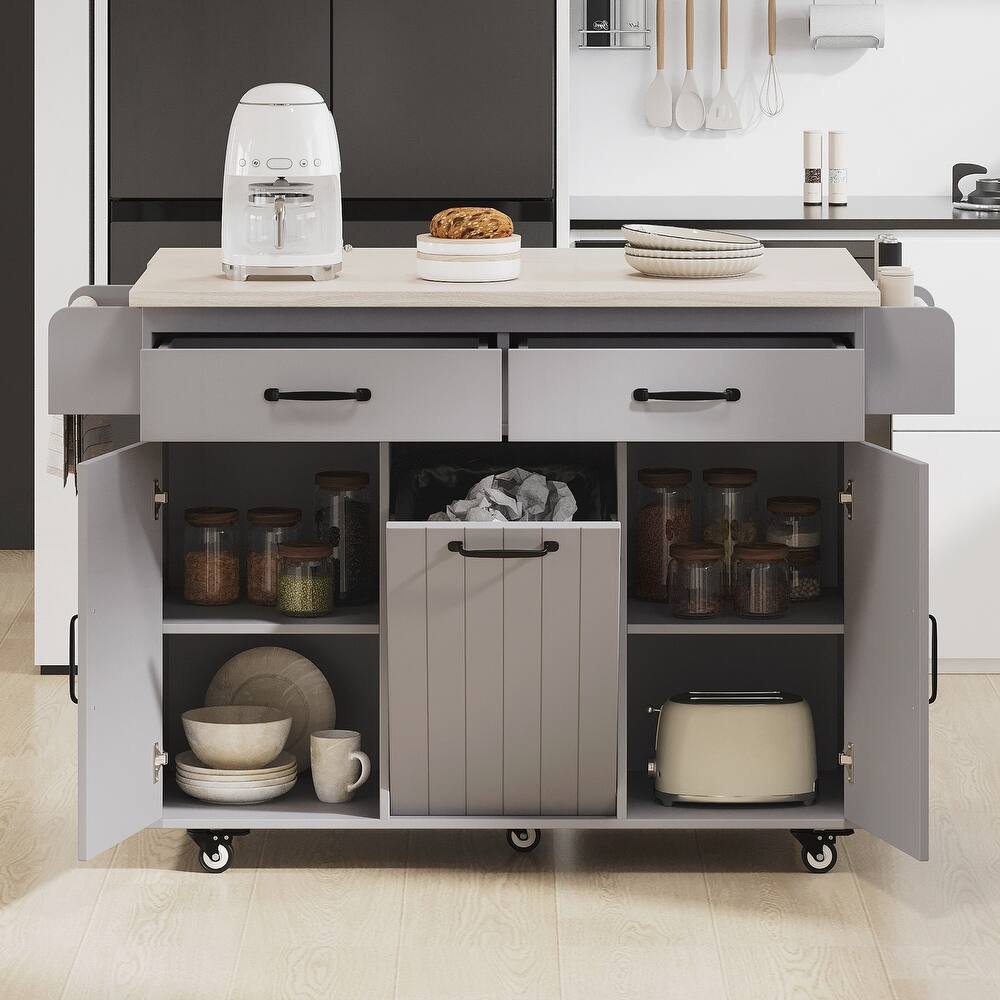 Kitchen Island with Trash Can Storage Cabinet, Kitchen Cart with Drop Leaf, Spice Rack