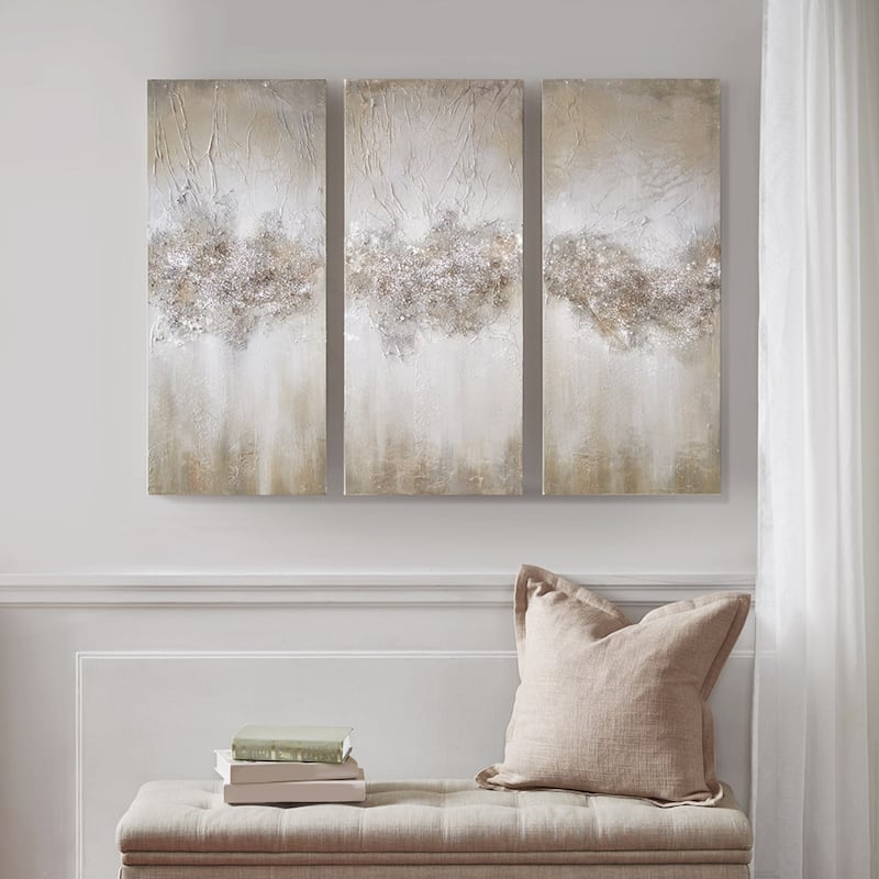 Roomfitters 3-Piece Taupe Canvas Wall Art Set, Hand Painted Abstract Triptych Accent Decor with Natural Stone and Glitter