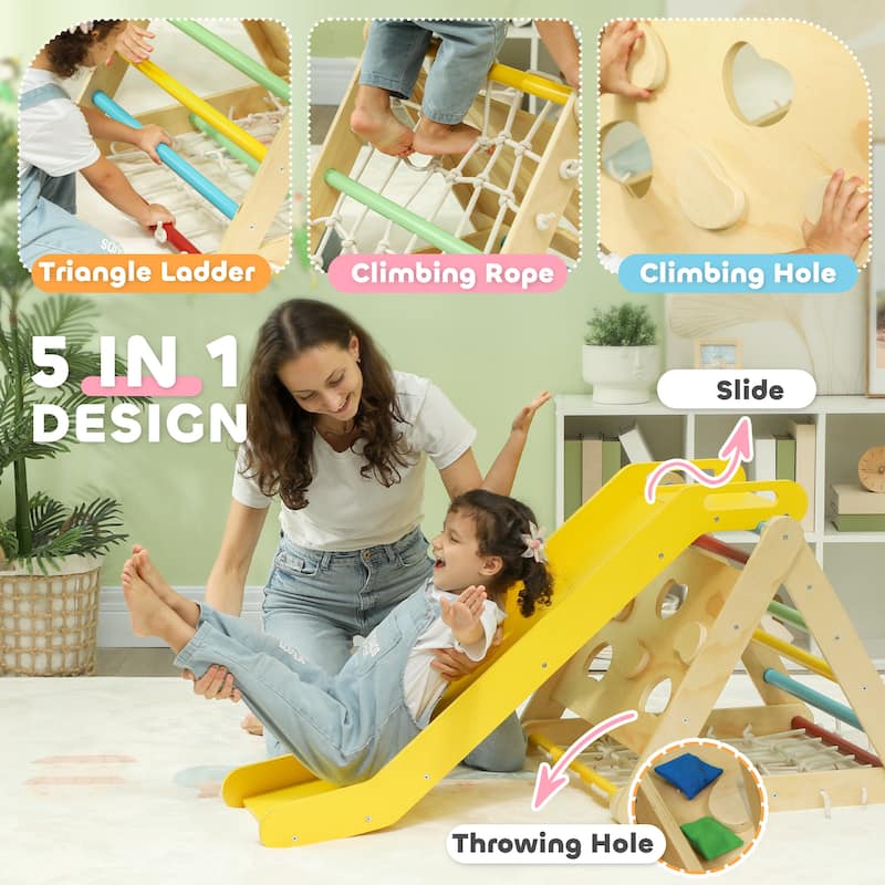 5 in 1 Pikler Triangle Set, Indoor Toddler Climbing Toys with Slide & Sandbags, Montessori Climber, Baby Gym Play Set