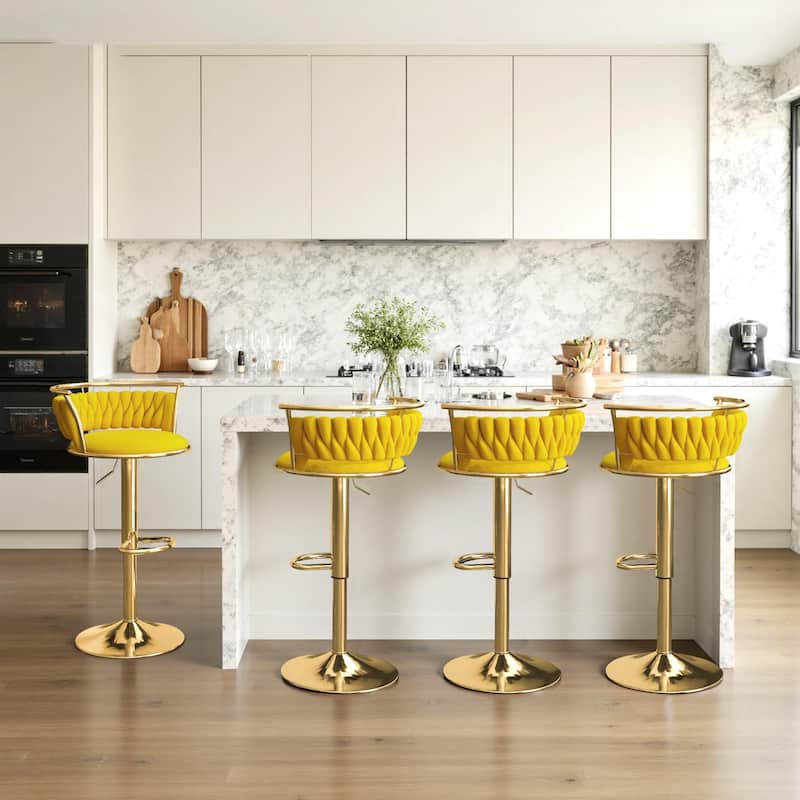 Velvet Upholstered Adjustable Bar Stool Swivel Counter Chair Set of 2 - Yellow/Gold - Set of 4