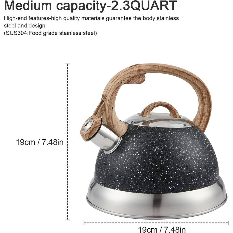 Creative Home 2.3 Qt. Stainless Steel Whistling Tea Kettle with Ergonomic Wood Rubber Touching Handle, Opaque Black with Speckle