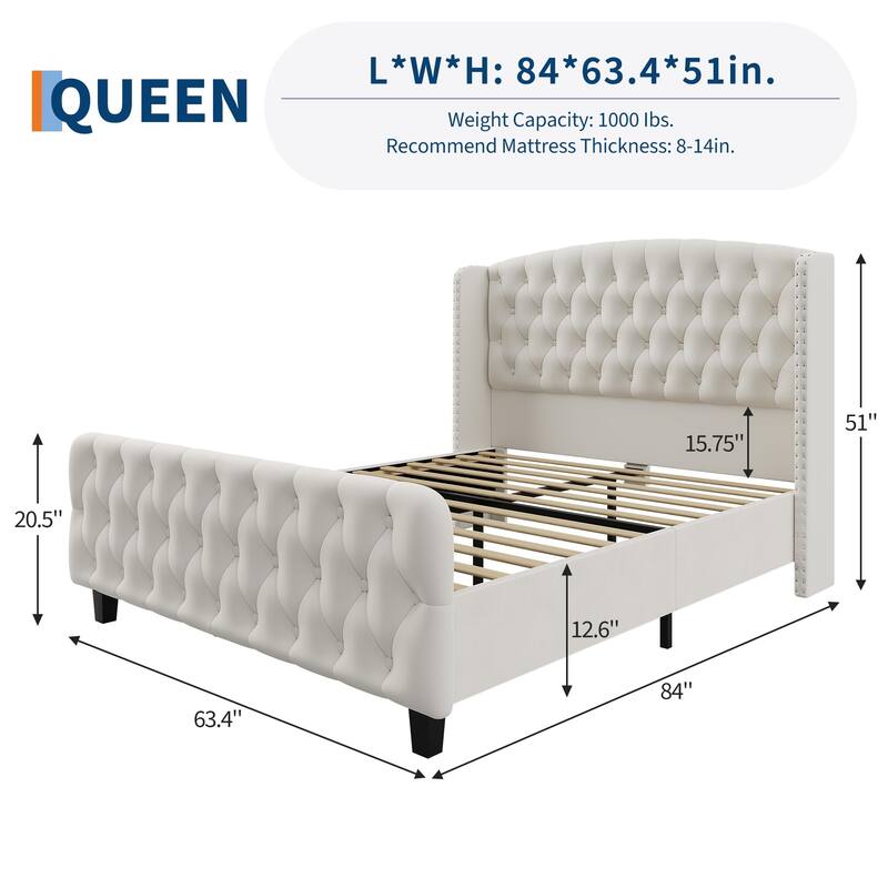 51" Tall Queen Size Bed Frame with Deep Button Tufted Wingback Headboard and Footboard