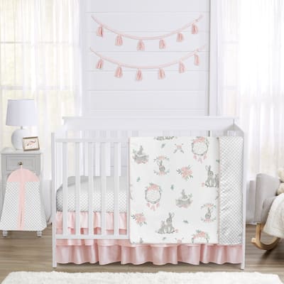 Sweet Jojo Designs Blush Pink Grey Woodland Boho Dream Catcher Bunny Floral Girl 4-pc Nursery Crib Bedding Set - Watercolor Rose
