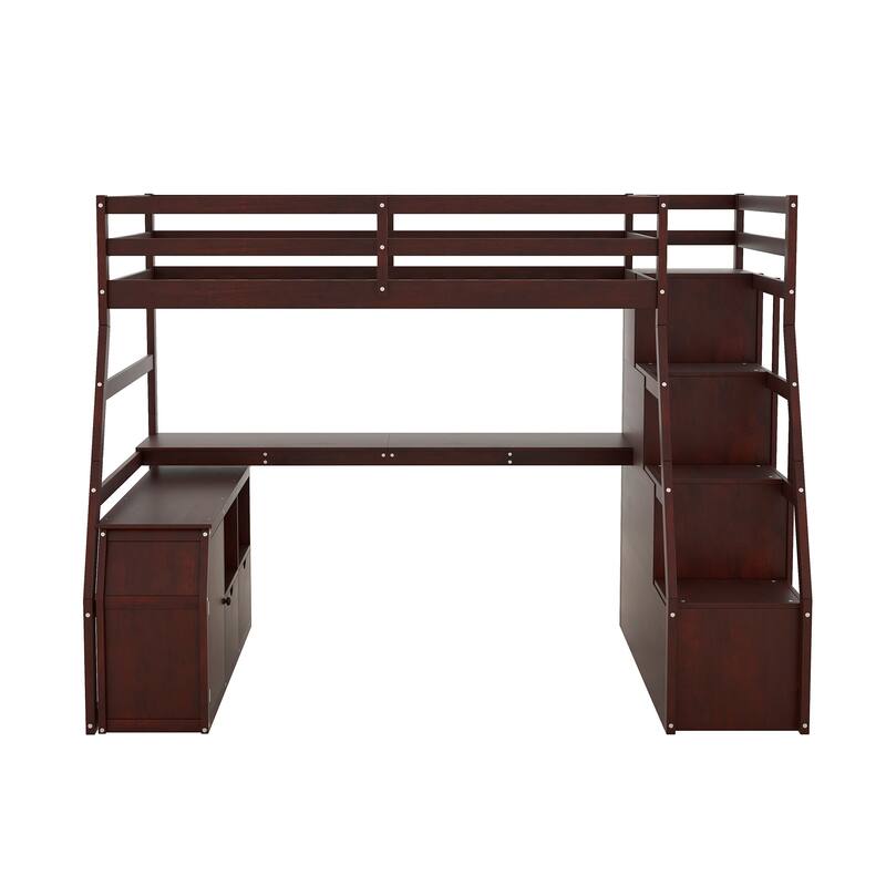 Espresso Twin Size Loft Bed with Desk and Cabinet, Storage Staircase, 7 Drawers and 2 Shelves
