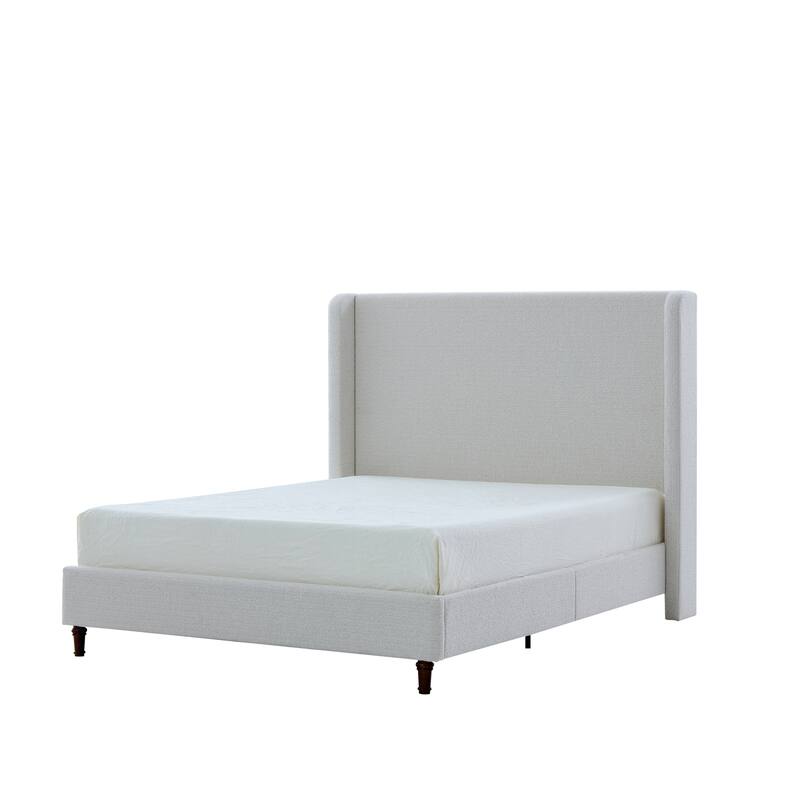 Upholstered King Bed with 54 Inch High Headboard, Cream White Boucle Fabric, Easy Assembly, No Box Spring Needed