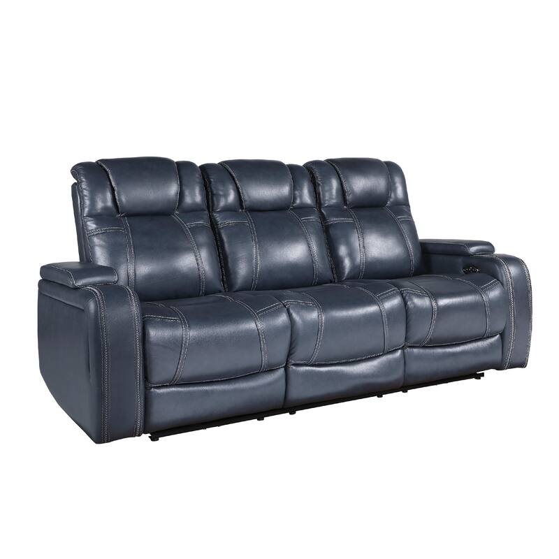 Ezia Power Double Reclining Sofa, Storage Arms, Blue Leather, 84 Inch