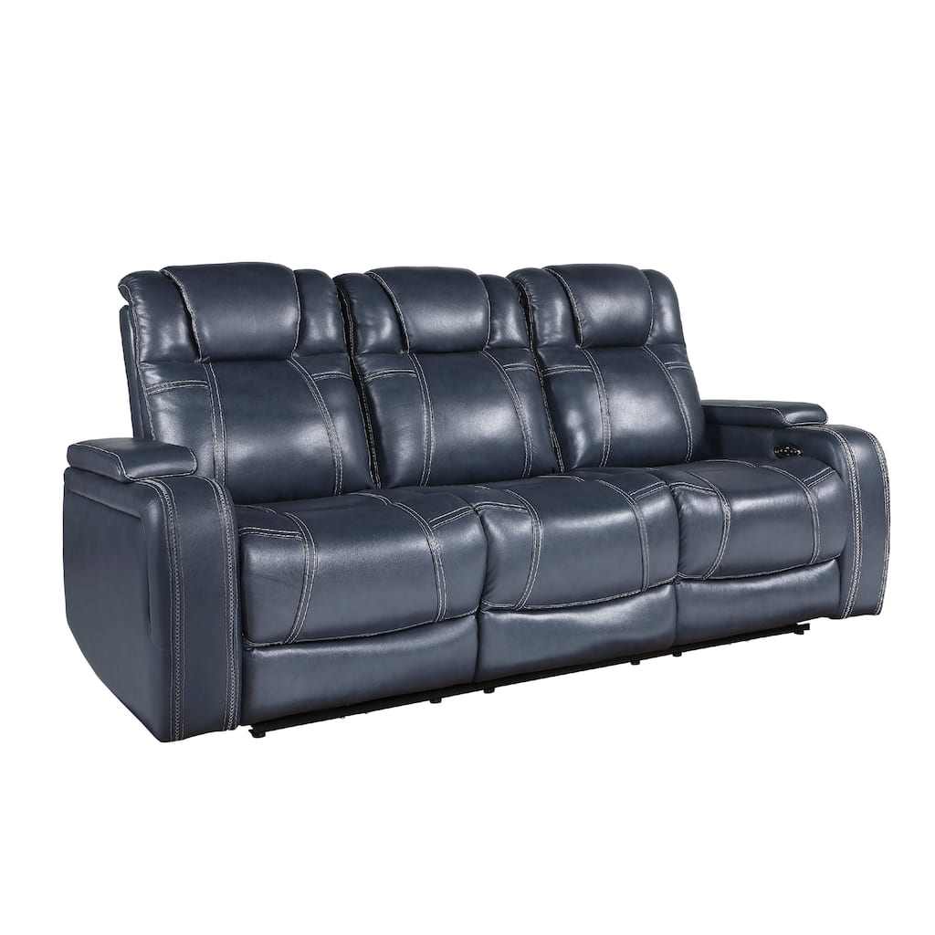 Ezia Power Double Reclining Sofa, Storage Arms, Blue Leather, 84 Inch