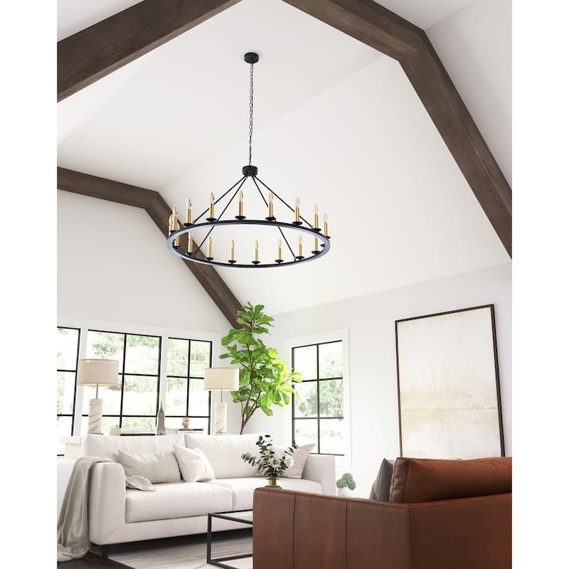 48" Black 18-Light Gold Candle Style Wagon Wheel Chandelier