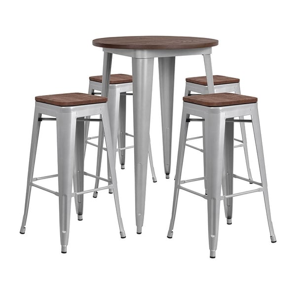 Offex 30" Round Silver Metal Bar Table Set with Wood Top and 4 Backless Stools
