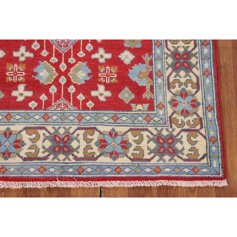 Geometric Red Kazak Foyer Rug Hand-Knotted Oriental Accent Wool Carpet - 3'2" x 4'9"