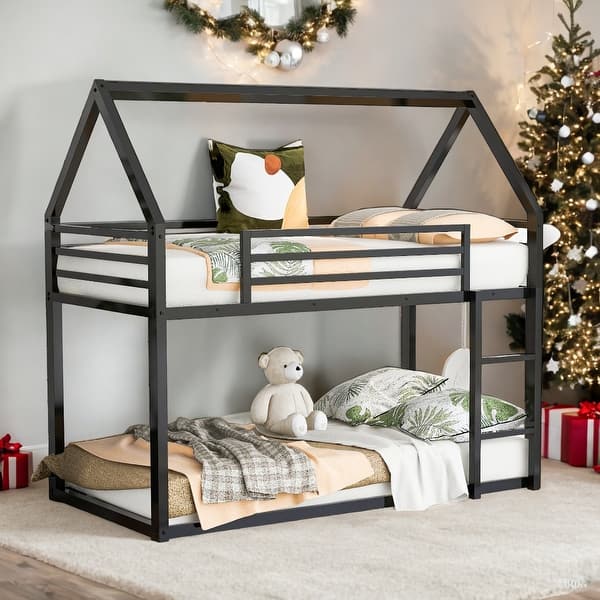 slide 2 of 9, Twin over Twin House Bunk Bed with Built-in Ladder for Home Black