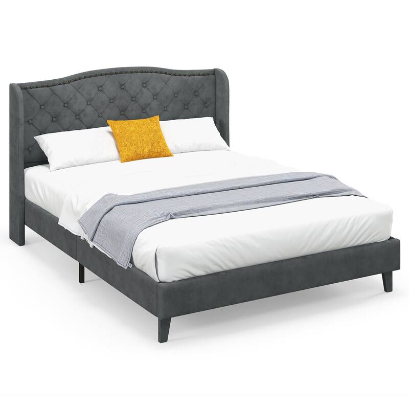 Gymax Queen Upholstered Platform Bed Frame w/ Button Tufted Headboard