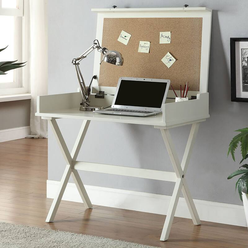 Flip Top Wooden Desk with Cork Board - 34.25" - Antique White