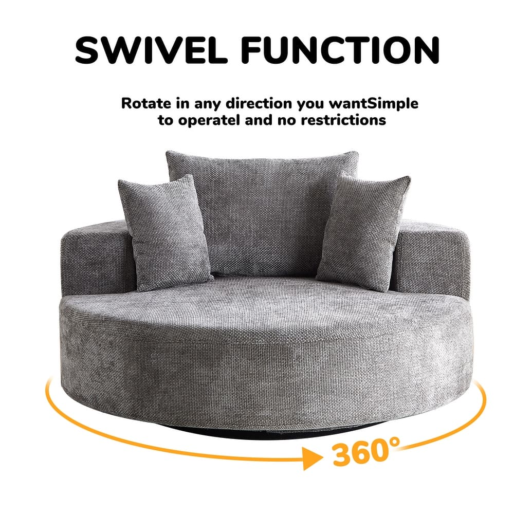 Oversized Swivel Barrel Chair, Chenille Upholstered Round Armchair, Single Sofa Chair with Headrest & 3 Cozy Pillows