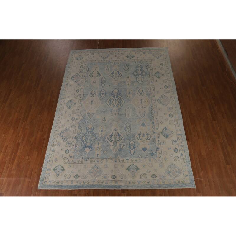 Hand Knotted Oriental 100% Wool Carpet Transitional All-Over Navy Blue & Blues Oushak Area Rug - 12' 11'' X 9' 5''