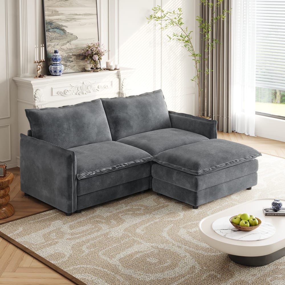 Deep Seating L-shaped Sectional Sofa with Chaise Lounge Modular Sofa Corduroy Upholstered Loveseat with Ottoman and Pillows