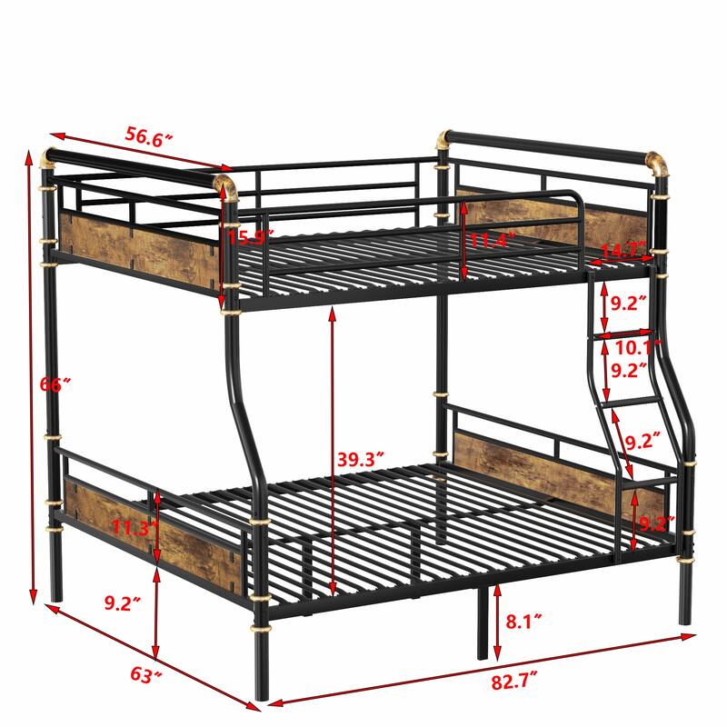 Full XL Over Queen Size Metal Bunk Bed with Safety Guard Rails, Industrial Detachable Design