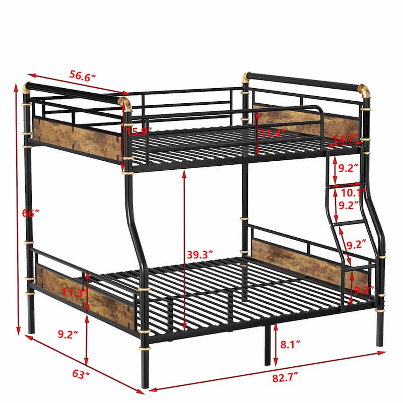 Full XL over Queen Metal Bunk Bed, Industrial Detachable Bunkbeds with Safety Guard Rails