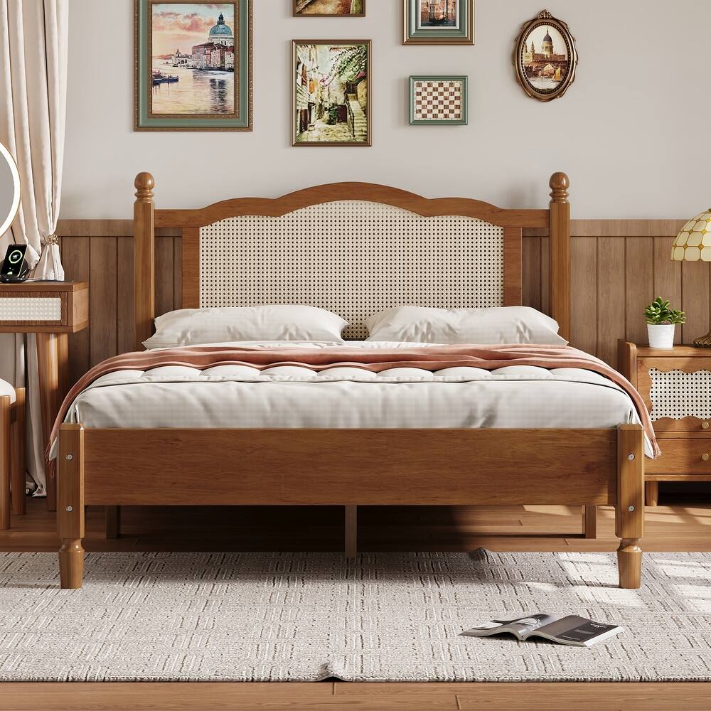 Full Size Vintage Wooden Bed with Rattan Headboard