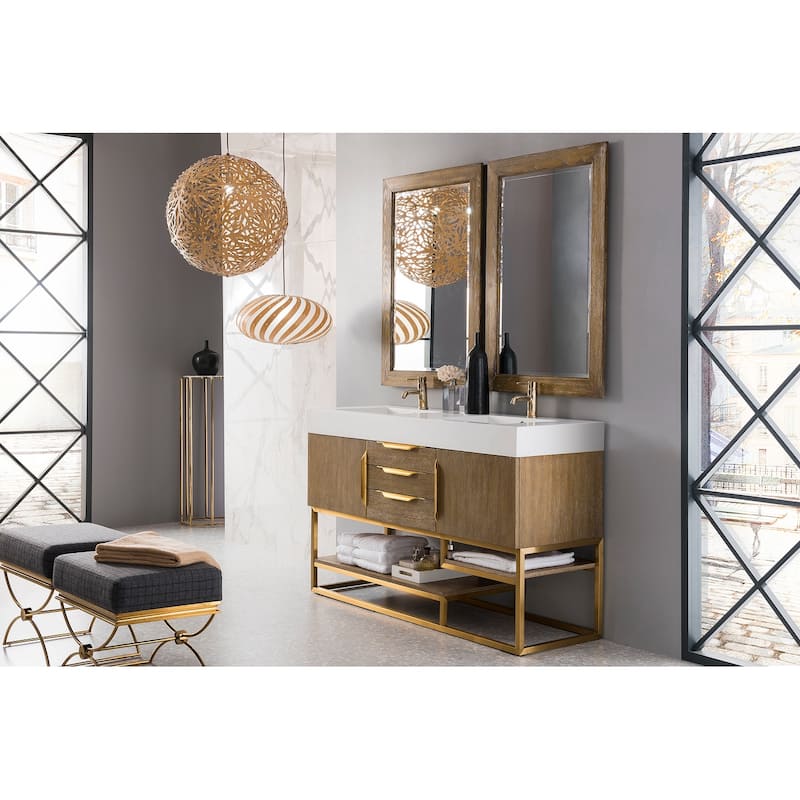 James Martin Vanities Columbia 59" Double Vanity, Latte Oak with Radiant Gold Hardware