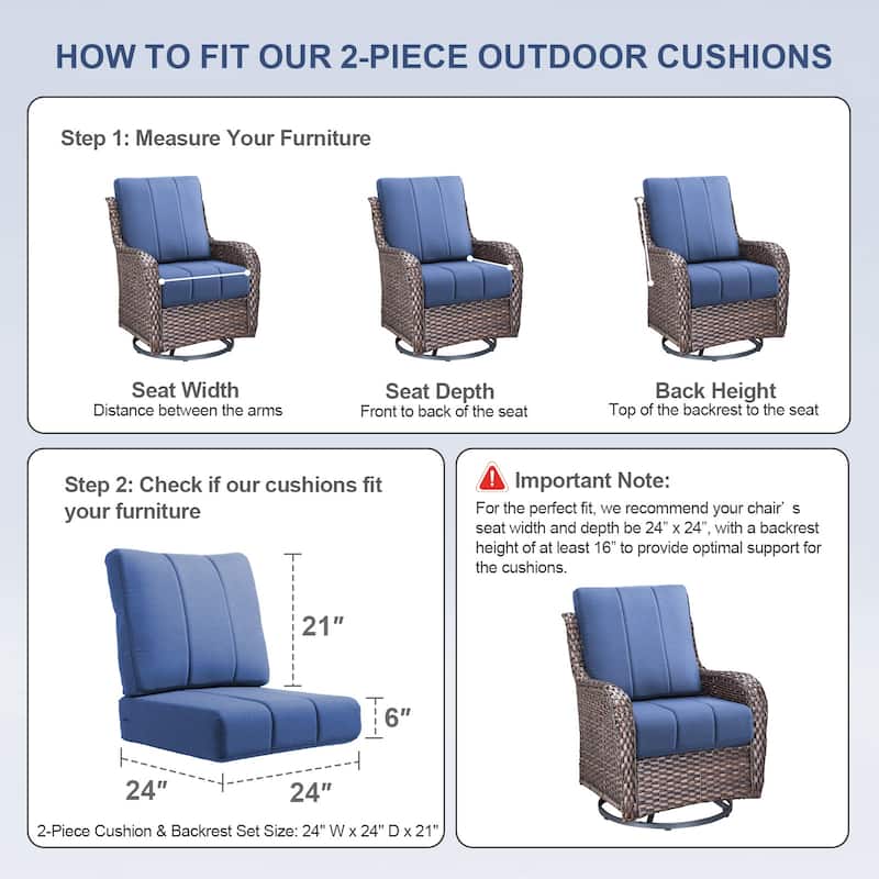 Gymojoy 24"x24"x6" Patio Thick Cushions & Pillows Set - Channel-Tufted Design Deep Seat Water & Fade Resistant Cushion Set