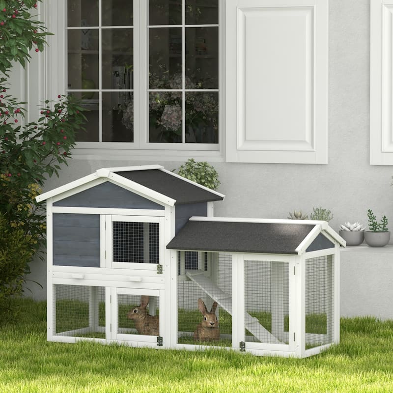 Indoor Outdoor Bunny Hutch with Asphalt Roof and Slide-Out Tray