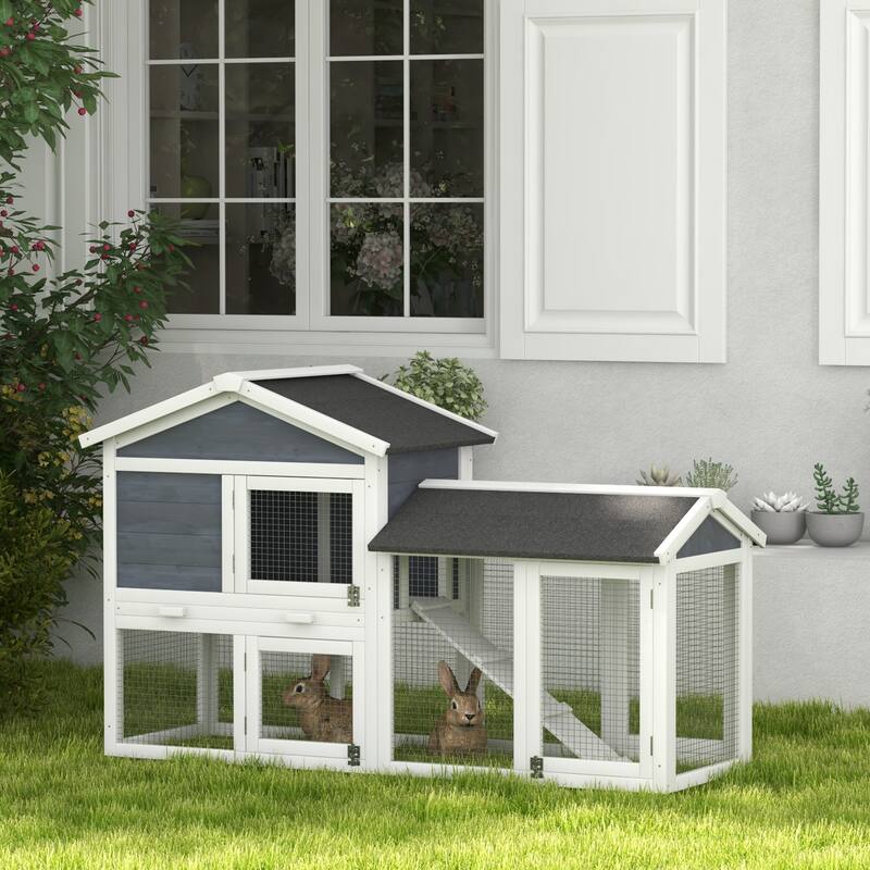 Indoor Outdoor Bunny Hutch with Asphalt Roof and Slide-Out Tray - White-Grey-Black