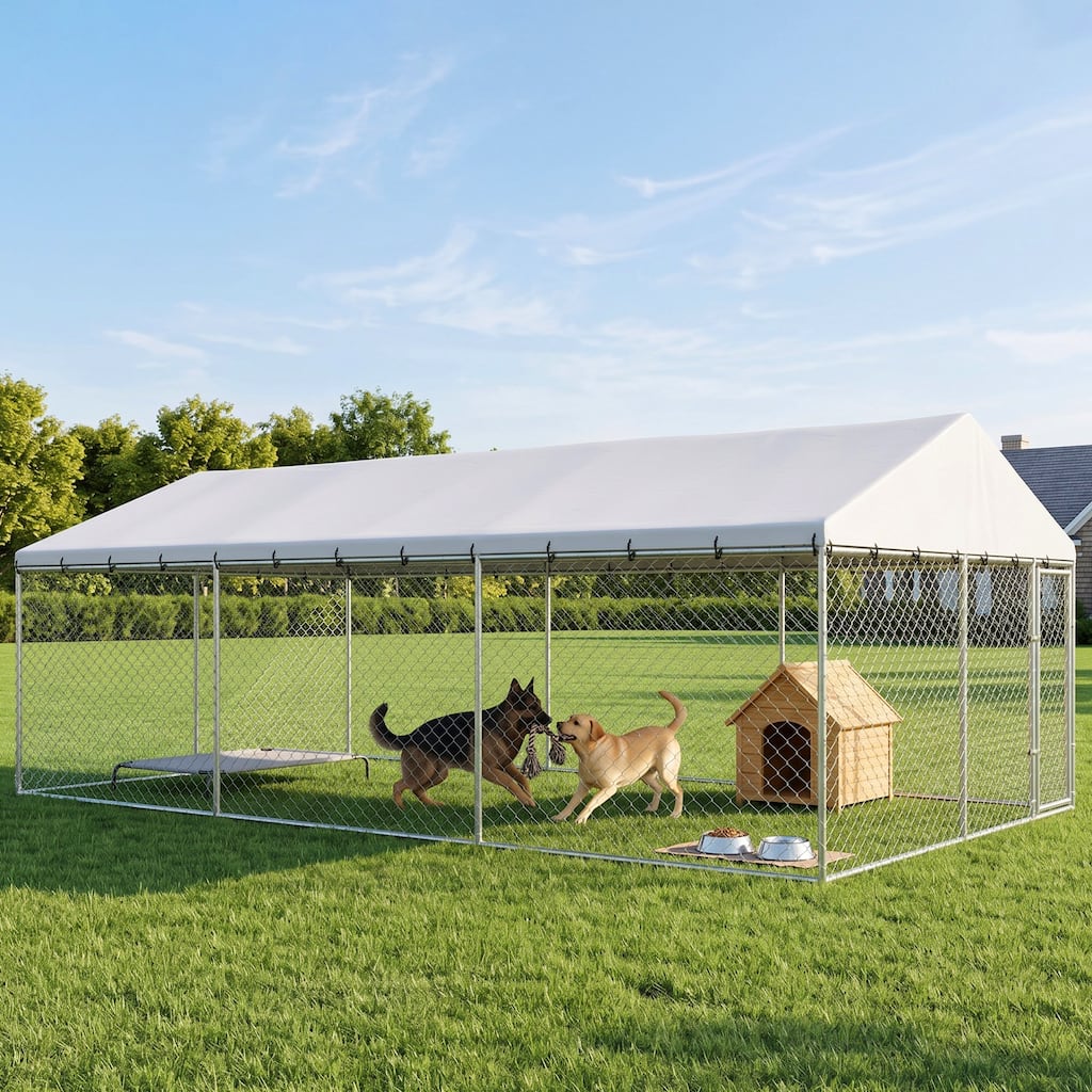 PawHut Outdoor Dog Kennel, Chain Link Enclosure with Waterproof Roof, Double Locks, 20' x 10' x 7'