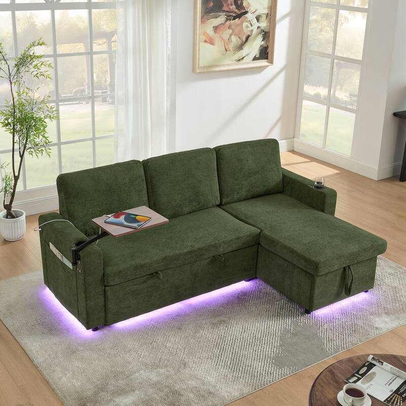 Modern Chenille Multi-functional Pull-Out Bed Sofa with Retractable Table and LED Lighting