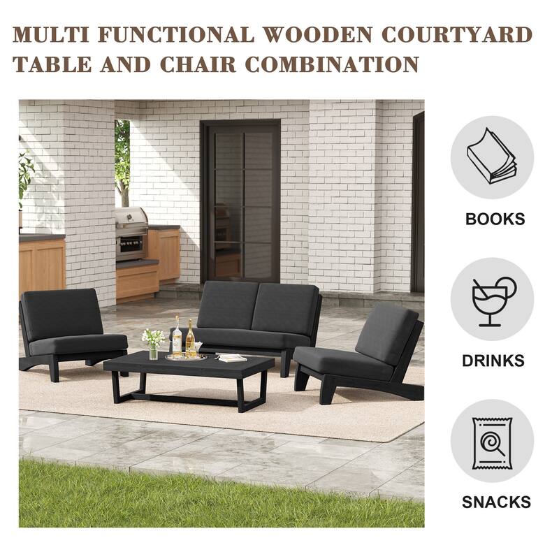4 Set Outdoor Patio Teak Wood Club Chairs Loveseat with Cushion
