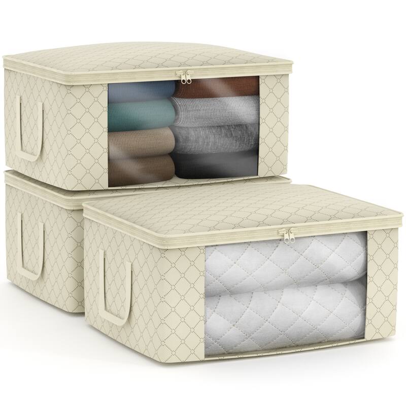 Sorbus Foldable Storage Bag Organizers, Large Clear Window & Carry Handles (3 Pack, Beige)