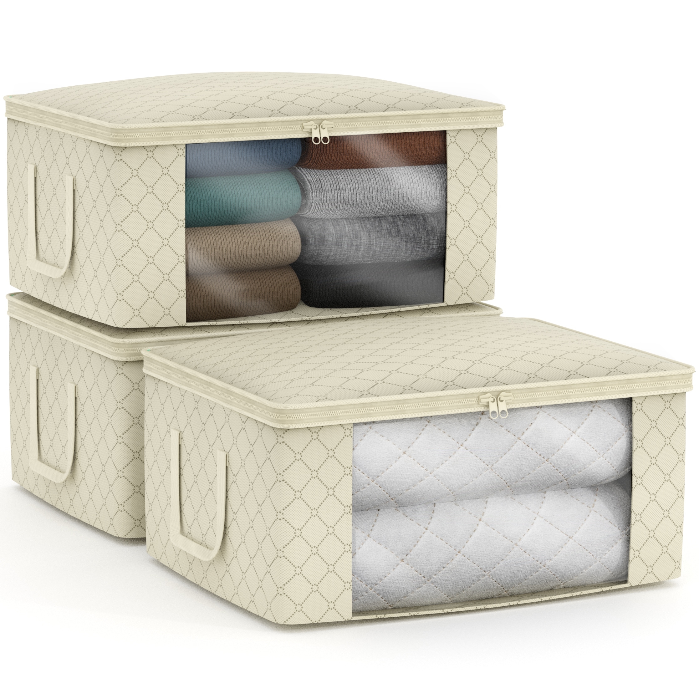 Sorbus Foldable Storage Bag Organizers Large Clear Window Carry Handles 3 Pack Beige