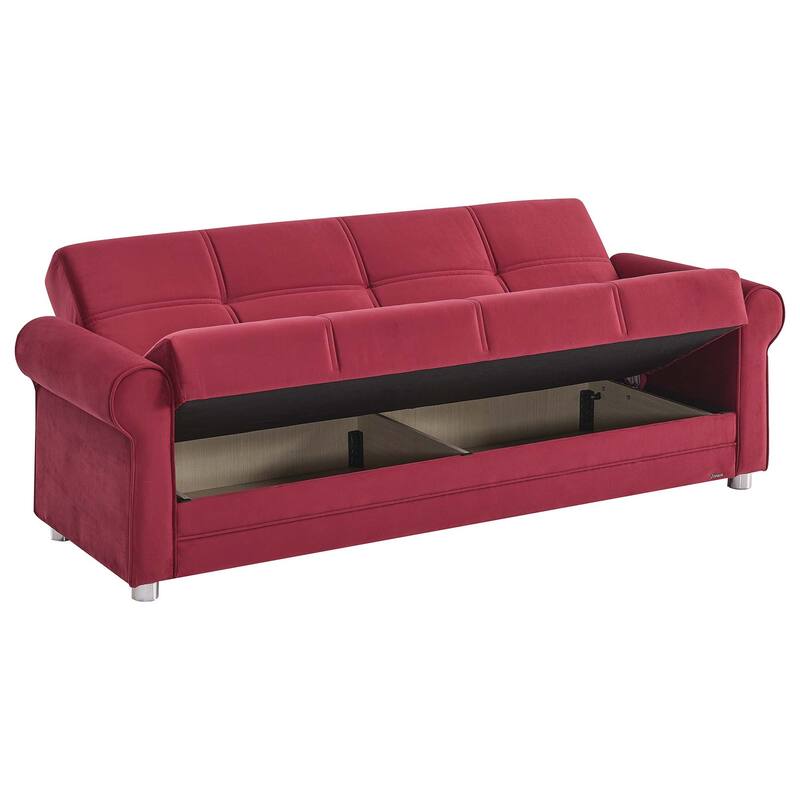 HomeRoots 89" Burgundy Microfiber Convertible Futon Sleeper Sofa And Toss Pillows With Storage